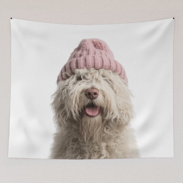 Item preview, Cozy Komondor dog Wearing Pink Winter Hat Trendy Animal Fashion Artwork designed and sold by LazyOwlStore.