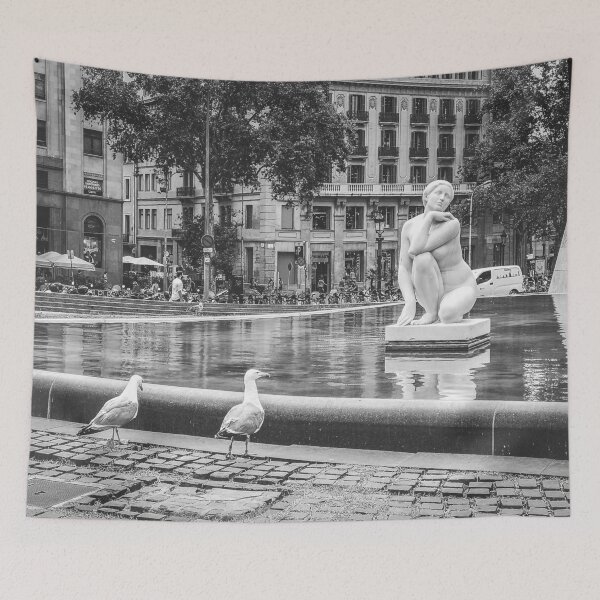 Item preview, Plaça Catalunya Fountain – Black and White Urban Photography designed and sold by photo-travel.