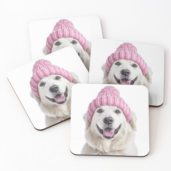 Item preview, Cozy Kuvasz dog Wearing Pink Winter Hat Trendy Animal Fashion Artwork designed and sold by LazyOwlStore.