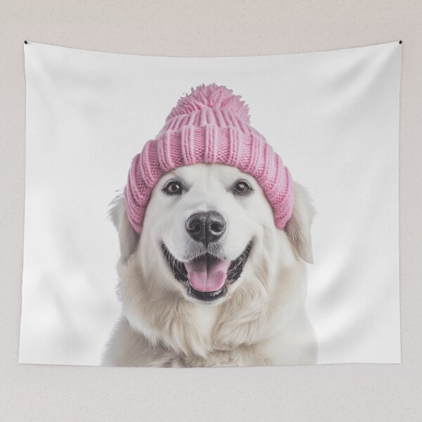 Item preview, Cozy Kuvasz dog Wearing Pink Winter Hat Trendy Animal Fashion Artwork designed and sold by LazyOwlStore.