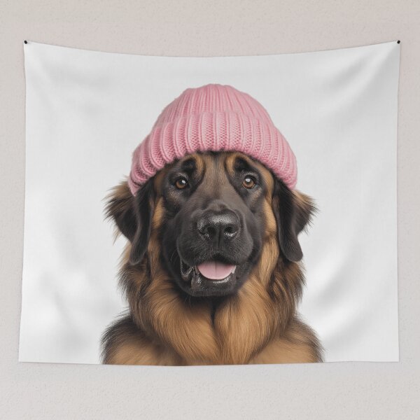 Item preview, Cozy Leonberger dog Wearing Pink Winter Hat Trendy Animal Fashion Artwork designed and sold by LazyOwlStore.