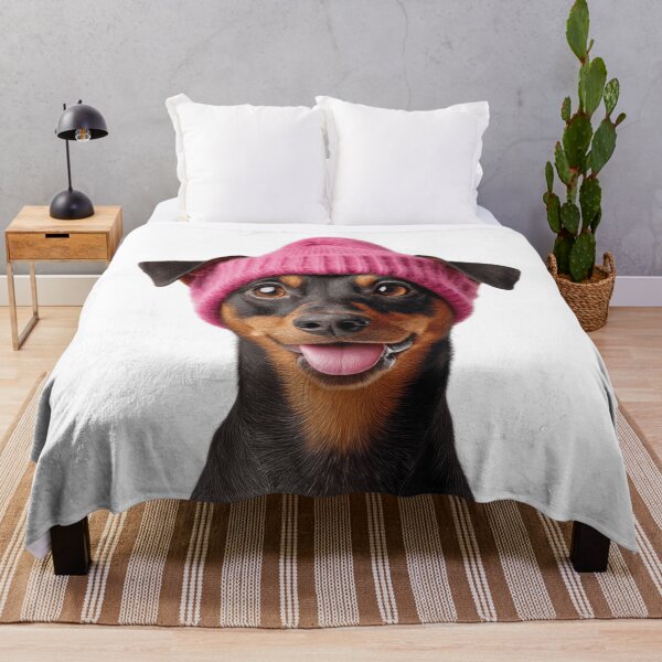 Item preview, Cozy Manchester Terrier dog Wearing Pink Winter Hat Trendy Animal Fashion Artwork designed and sold by LazyOwlStore.
