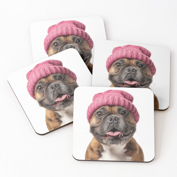 Artikelvorschau, Gemütliche Miniatur Bulldogge trägt rosa Wintermütze trendige Tier Mode Kunstwerk entworfen und verkauft von LazyOwlStore.