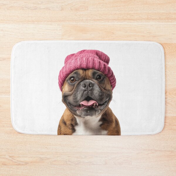 Artikelvorschau, Gemütliche Miniatur Bulldogge trägt rosa Wintermütze trendige Tier Mode Kunstwerk entworfen und verkauft von LazyOwlStore.