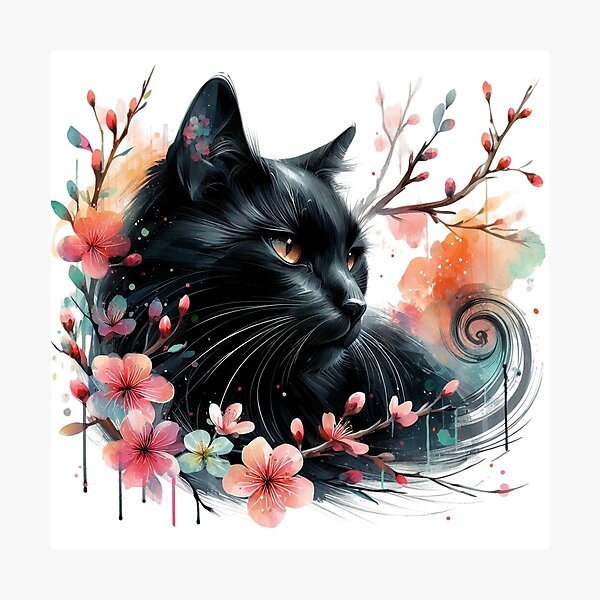 Item preview, A beautiful and stylish black cat lying on colorful flowers designed and sold by Marcoshop10.