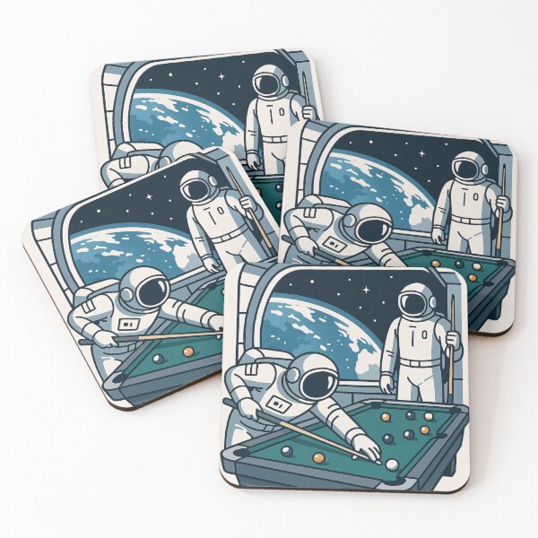 Item preview, Space station billiards room with Earth visible through the window, astronauts playing pool, clean vector design designed and sold by Retram.