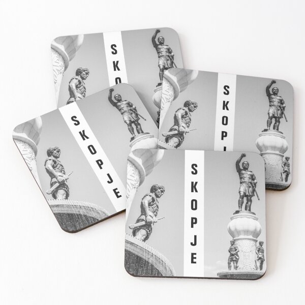 Item preview, Black and White Statue of Skopje – Iconic Landmark with 'Skopje' Text designed and sold by photo-travel.