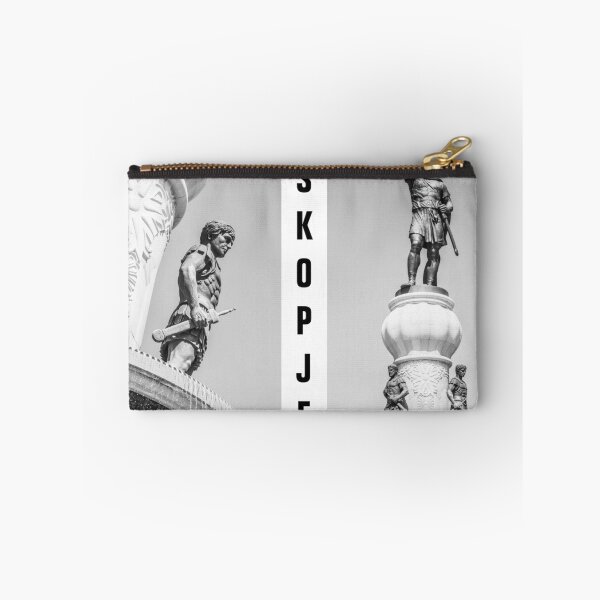 Item preview, Black and White Statue of Skopje – Iconic Landmark with 'Skopje' Text designed and sold by photo-travel.
