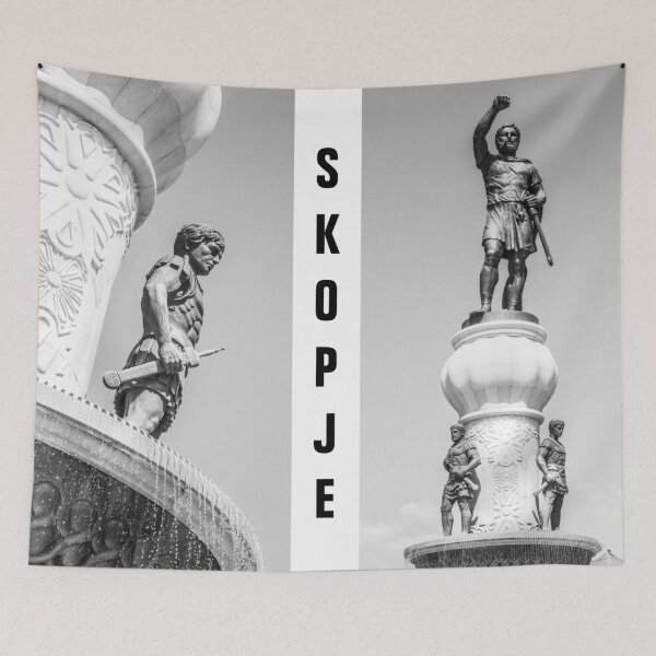 Item preview, Black and White Statue of Skopje – Iconic Landmark with 'Skopje' Text designed and sold by photo-travel.