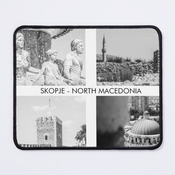 Item preview, Black and White Skopje Photography – Four Iconic Landmarks with 'Skopje' Text designed and sold by photo-travel.