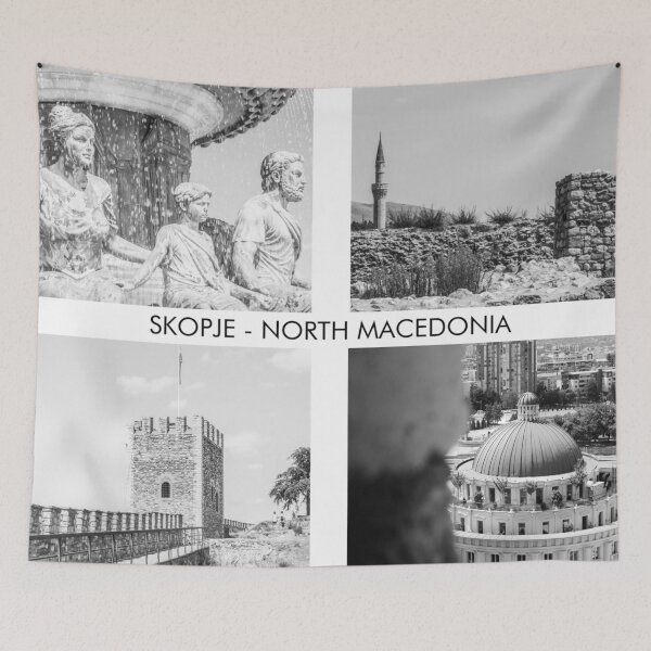 Item preview, Black and White Skopje Photography – Four Iconic Landmarks with 'Skopje' Text designed and sold by photo-travel.