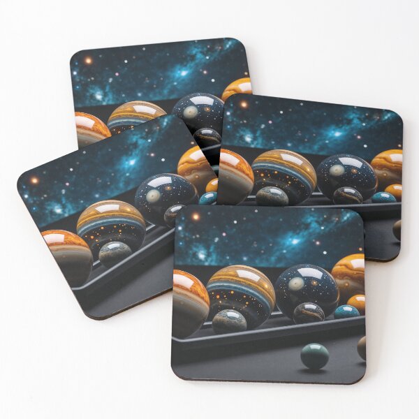 Item preview, A solar system-themed billiard set with each planet as a unique ball, placed on a black starfield table, minimalist space concept designed and sold by Retram.
