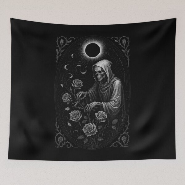 Item preview, Nocturnal Rose Gardener: Skeleton Tending Blooms Beneath Eclipse designed and sold by Shoot-The-Moon.
