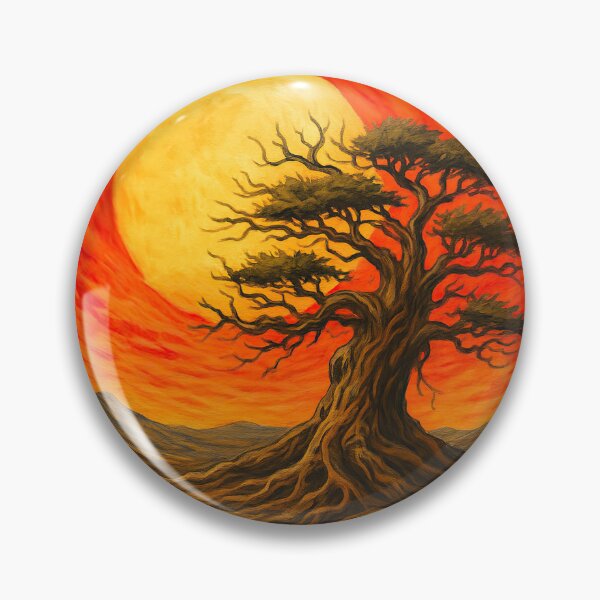 Item preview, Ancient Tree Under Fiery Sunset Landscape Painting designed and sold by ArtfulWeave.