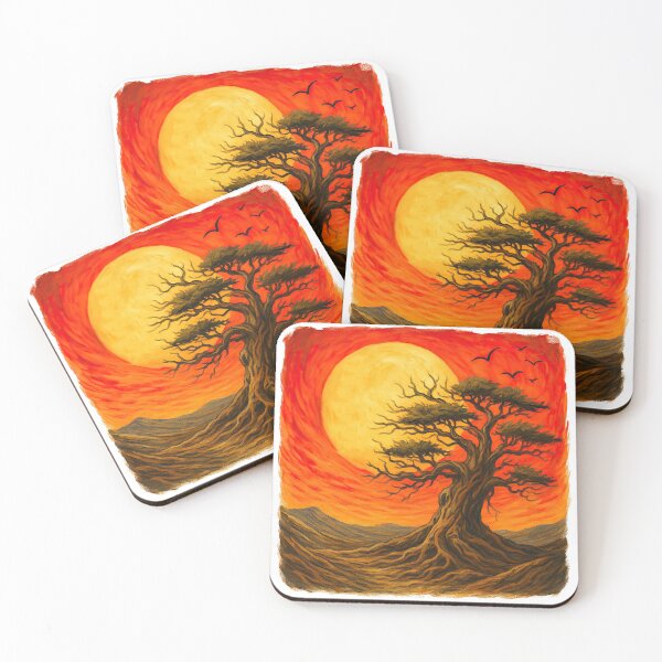 Item preview, Ancient Tree Under Fiery Sunset Landscape Painting designed and sold by ArtfulWeave.