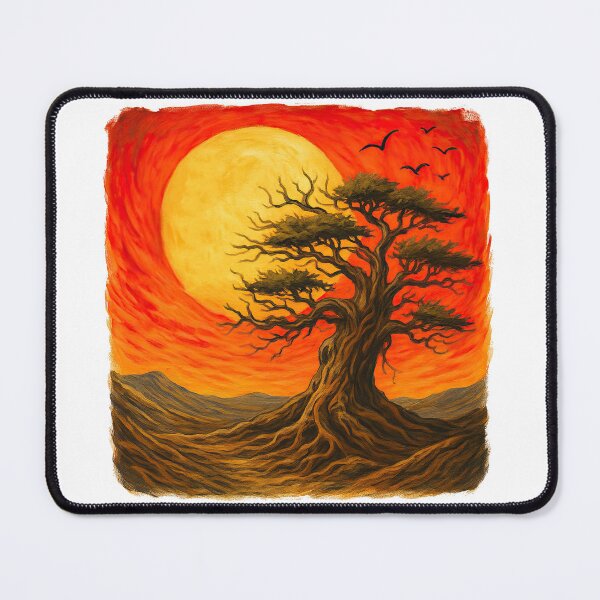 Item preview, Ancient Tree Under Fiery Sunset Landscape Painting designed and sold by ArtfulWeave.