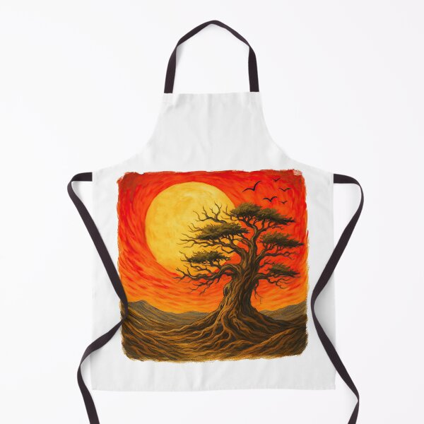 Item preview, Ancient Tree Under Fiery Sunset Landscape Painting designed and sold by ArtfulWeave.