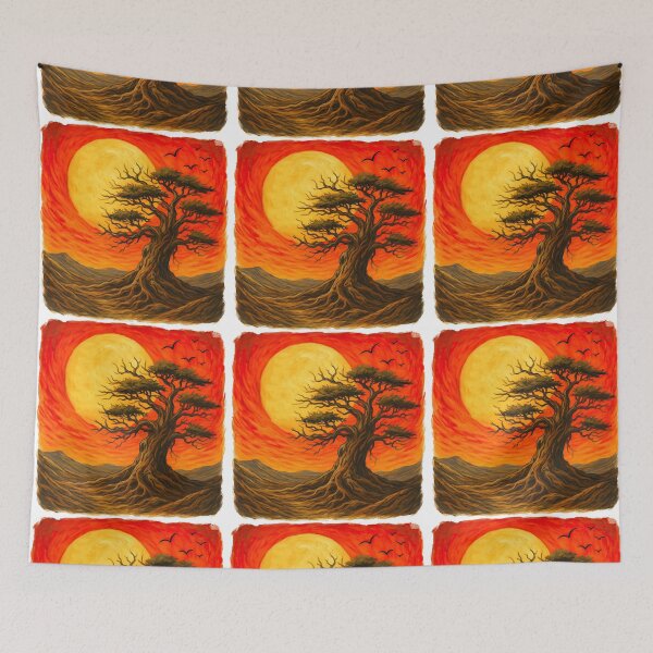 Item preview, Ancient Tree Under Fiery Sunset Landscape Painting designed and sold by ArtfulWeave.