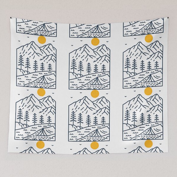 Item preview, Dark Line Art Mountain Camping Night Scene designed and sold by ArtfulWeave.