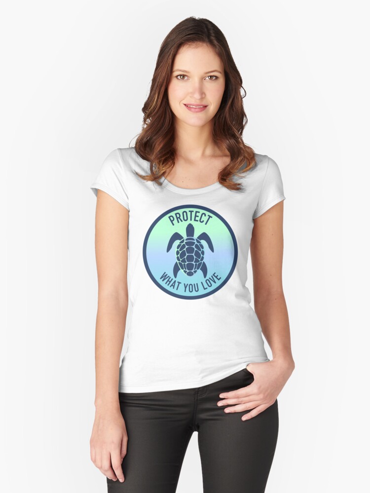 Thumbnail 1 of 3, Fitted Scoop T-Shirt, Protect What You Love – Women’s Turtle V-Neck Shirt for Ocean & Wildlife Lovers designed and sold by Saltycurrent1.