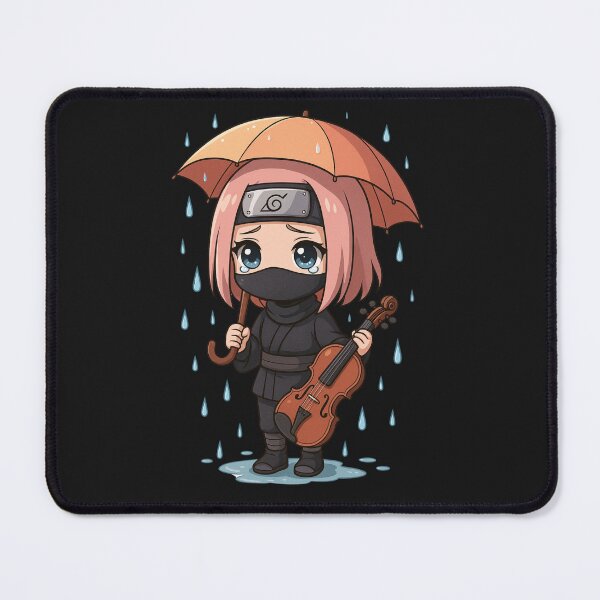 Item preview, Kawaii Chibi Ninja Girl in Rain with Violin and Umbrella – Emotional Anime Style designed and sold by ColorSplash123.