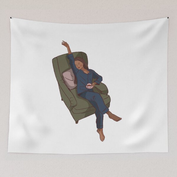 Item preview, A woman with her coffee on the coach in blue clothes  designed and sold by Hessah-HA.