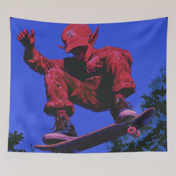 Item preview, red elf boy in the air on a Skateboard designed and sold by V-Fantasy.