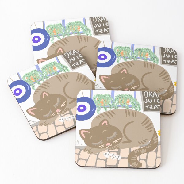 Item preview, Sleepy Greek cat on street with house plants, fish and ice cream designed and sold by KaroLeenaDesign.