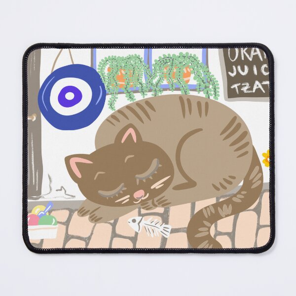Item preview, Sleepy Greek cat on street with house plants, fish and ice cream designed and sold by KaroLeenaDesign.
