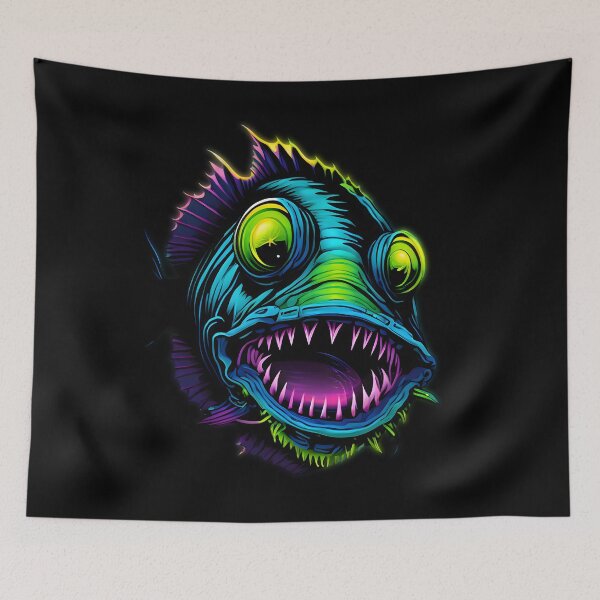 Item preview, Psychedelic Mutant Fish - Neon Turquoise & Purple Fantasy Art designed and sold by BrushRushX.