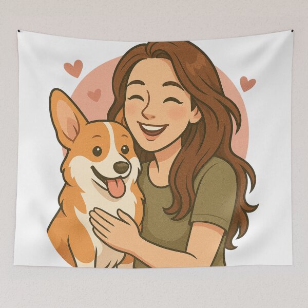Item preview, Royal Companions: Woman & Pembroke Welsh Corgi Cartoon designed and sold by GoodyPaws.