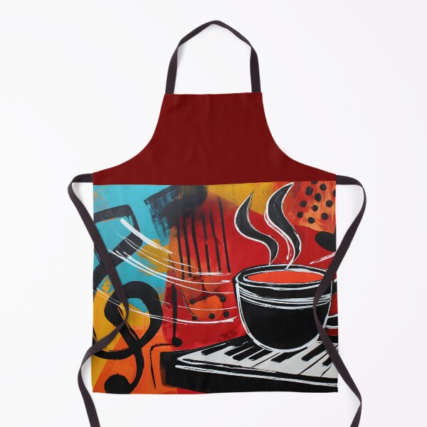 Artikelvorschau, Dampfende Kaffeetasse auf der Klaviertastatur mit lebendigen Musiknoten – energiegeladene abstrakte Komposition, die Wärme und Rhythmus vereint entworfen und verkauft von OlfactoART Studio.