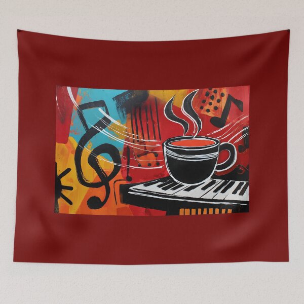 Artikelvorschau, Dampfende Kaffeetasse auf der Klaviertastatur mit lebendigen Musiknoten – energiegeladene abstrakte Komposition, die Wärme und Rhythmus vereint entworfen und verkauft von OlfactoART Studio.