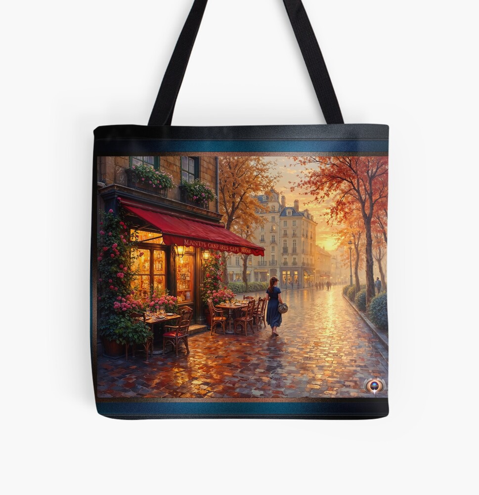 A Charming Romantic Impression Of A Parisian Autumn Evening Enchanting AI Concept Art by Xzendor7 Decorative Art Print Tote