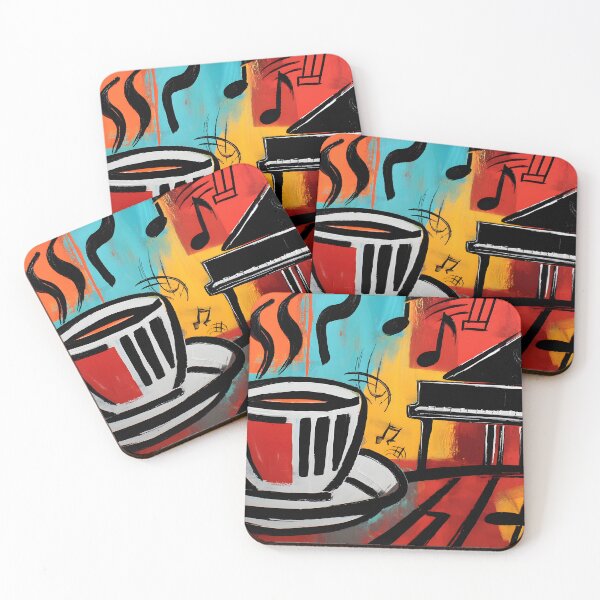 Item preview, Steaming Coffee Cup Beside Grand Piano with Floating Musical Notes - Vibrant Abstract Expression of Music and Warmth designed and sold by OlfactoART Studio.