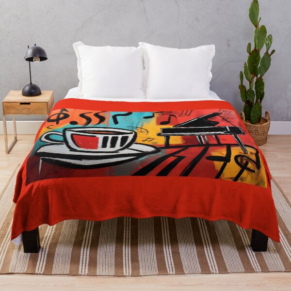 Item preview, Steaming Coffee Cup Beside Grand Piano with Floating Musical Notes - Vibrant Abstract Expression of Music and Warmth designed and sold by OlfactoART Studio.