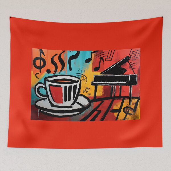 Item preview, Steaming Coffee Cup Beside Grand Piano with Floating Musical Notes - Vibrant Abstract Expression of Music and Warmth designed and sold by OlfactoART Studio.