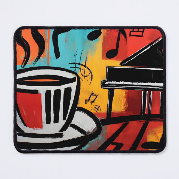 Item preview, Steaming Coffee Cup Beside Grand Piano with Floating Musical Notes - Vibrant Abstract Expression of Music and Warmth designed and sold by OlfactoART Studio.