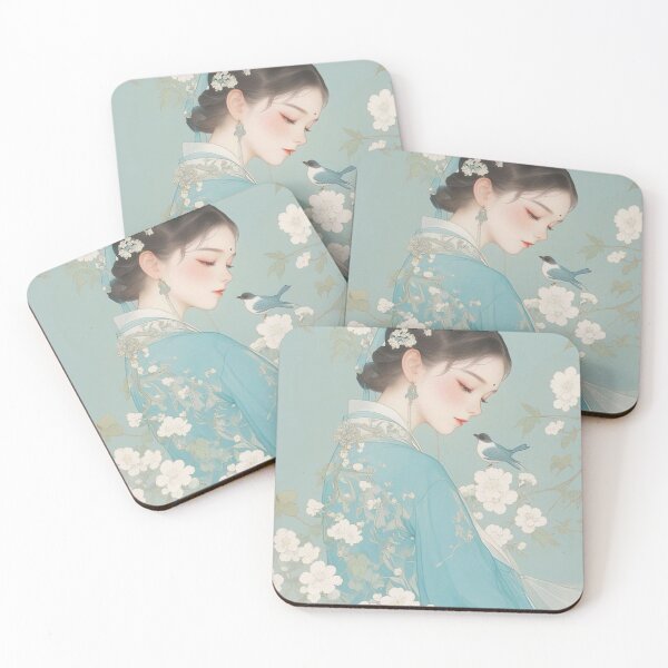 Aperçu de l'œuvre Femme chinoise traditionnelle bleue avec des fleurs et un oiseau créée et vendue par sell-out-club.