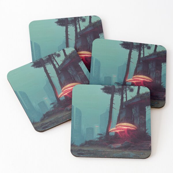 Item preview, Glowing Bioluminescent Mushrooms Among Ruins Facing Futuristic City designed and sold by Carlos Monteiro.