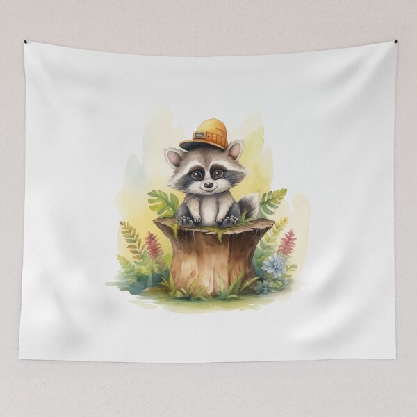 Item preview, Cute Raccoon with Sunflower Hat in Forest designed and sold by ArtbyAdrian.