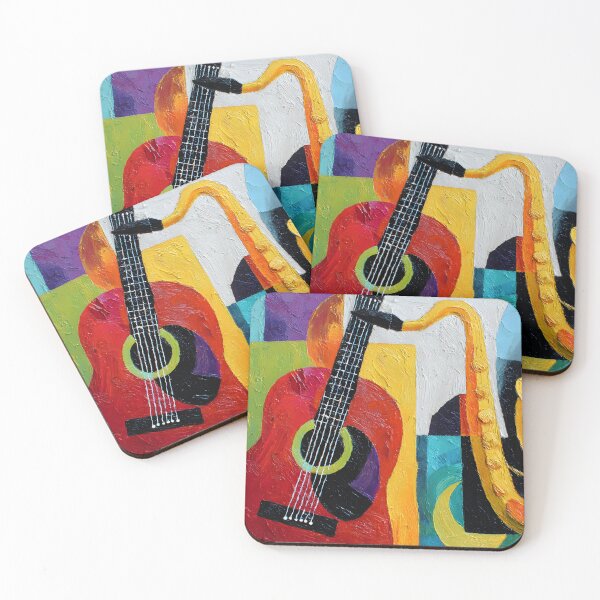 Item preview, Abstract Guitar and Saxophone Intertwined with Bold Geometric Shapes and Vivid Colors designed and sold by OlfactoART Studio.