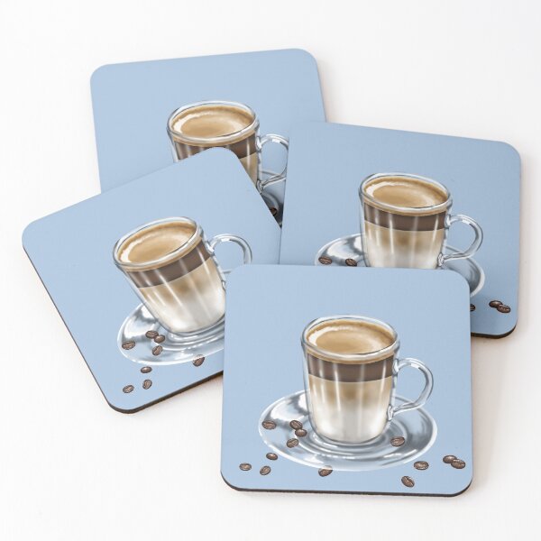 Item preview, A glass of latte macchiato in a transparent glass on a saucer with scattered coffee beans designed and sold by katecheerycake.