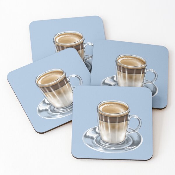 Item preview, A glass of latte macchiato stands on a saucer, artfully layered with espresso, milk and foam designed and sold by katecheerycake.