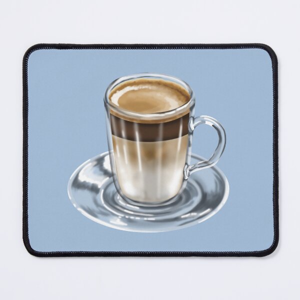 Item preview, A glass of latte macchiato stands on a saucer, artfully layered with espresso, milk and foam designed and sold by katecheerycake.
