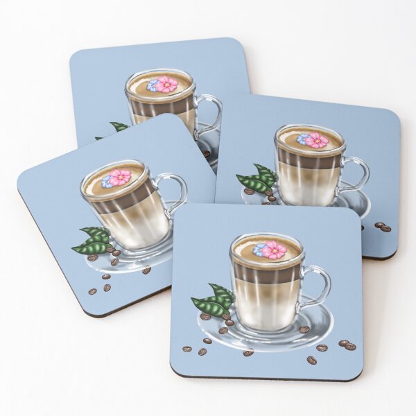 Item preview, An artfully served latte macchiato in a glass on a saucer, surrounded by coffee beans, flowers and leaves designed and sold by katecheerycake.