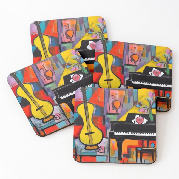 Item preview, Fauvist Bold Geometric Piano and Guitar with Vibrant Colors and Abstract Vases and Flowers- Eclectic Music Digital AI Art designed and sold by OlfactoART Studio.