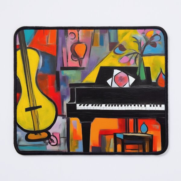 Item preview, Fauvist Bold Geometric Piano and Guitar with Vibrant Colors and Abstract Vases and Flowers- Eclectic Music Digital AI Art designed and sold by OlfactoART Studio.