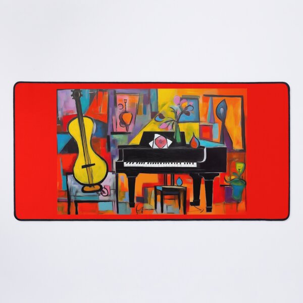 Item preview, Fauvist Bold Geometric Piano and Guitar with Vibrant Colors and Abstract Vases and Flowers- Eclectic Music Digital AI Art designed and sold by OlfactoART Studio.
