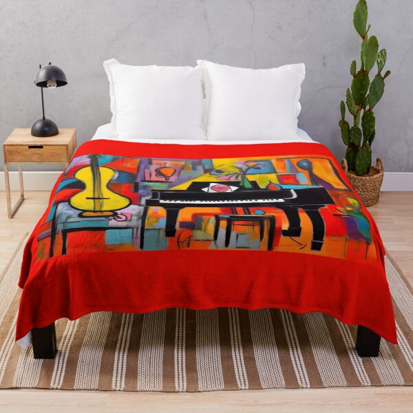 Item preview, Fauvist Bold Geometric Piano and Guitar with Vibrant Colors and Abstract Vases and Flowers- Eclectic Music Digital AI Art designed and sold by OlfactoART Studio.